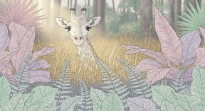 Detailed giraffe and tropical leaves mural wallpaper design pattern by Kids-Mundo