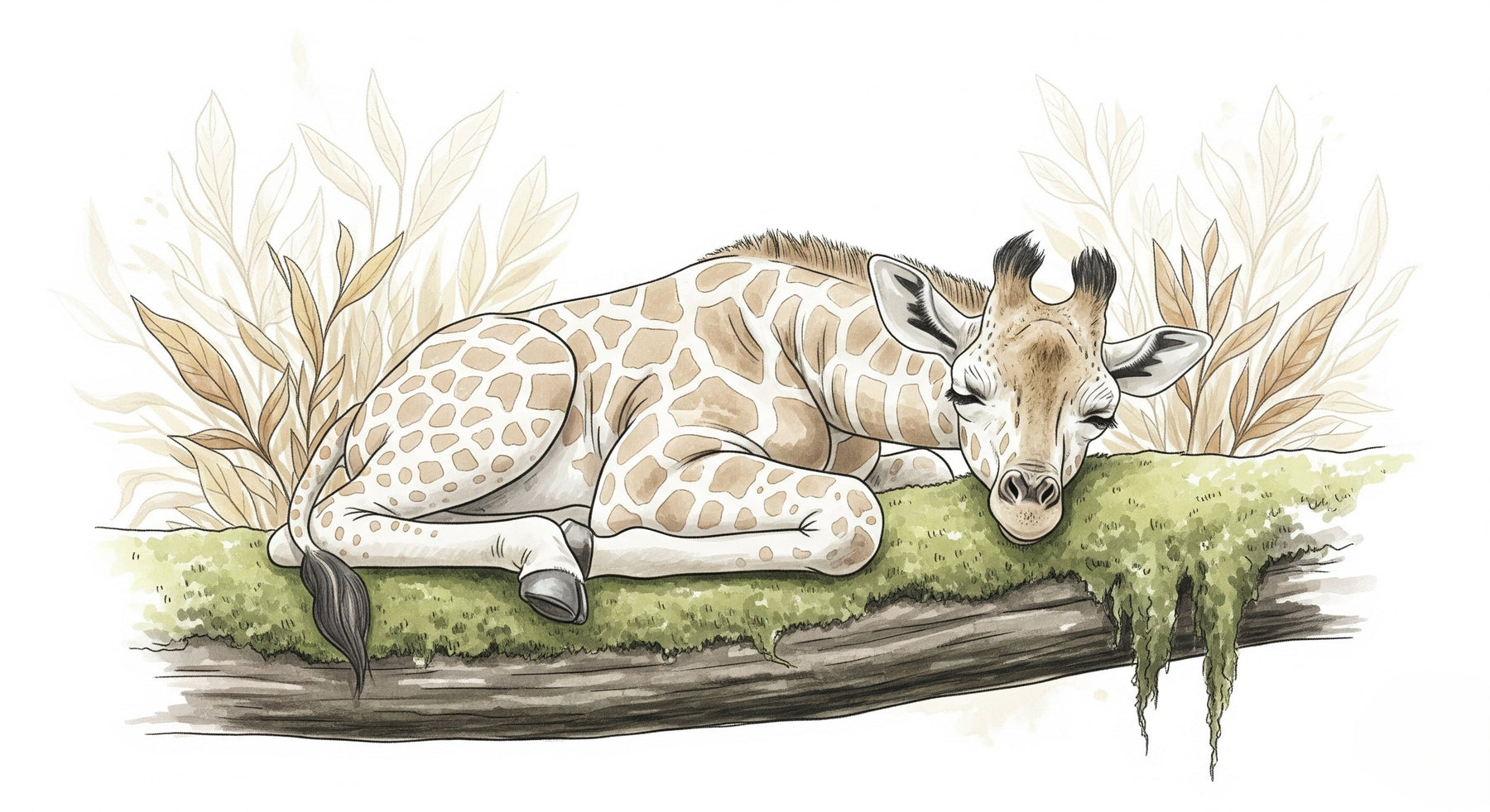 Detailed sleeping giraffe mural wallpaper design pattern with nature elements by Kids-Mundo