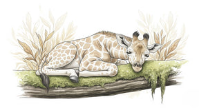 Detailed sleeping giraffe mural wallpaper design pattern with nature elements by Kids-Mundo