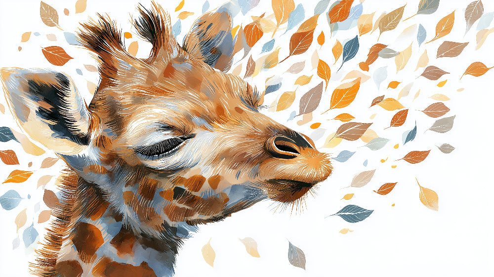 Detailed giraffe and colorful leaves mural wallpaper design pattern by Kids-Mundo