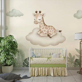 Giraffe on cloud mural wallpaper creating serene atmosphere in children's bedroom