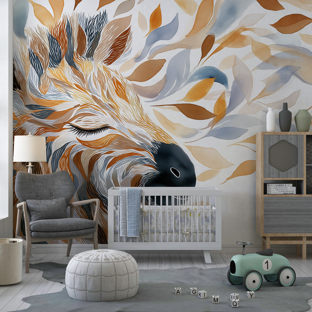 Giraffe mural wallpaper with floating leaves in warm caramel tones for kids room by Kids-Mundo