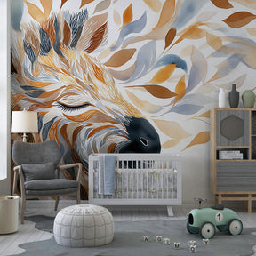 Giraffe mural wallpaper with floating leaves in warm caramel tones for kids room by Kids-Mundo