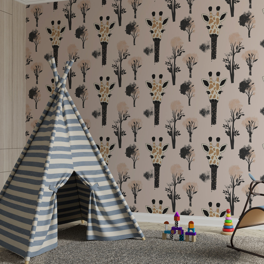 Safari animal wallpaper featuring giraffes creating adventure-themed children's bedroom decor