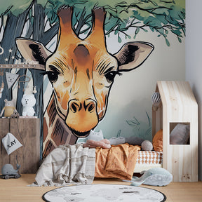 Safari giraffe wallpaper creating peaceful children's bedroom with soft green tones