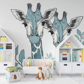 Safari giraffe wallpaper creating peaceful children's bedroom decor with botanical foliage elements