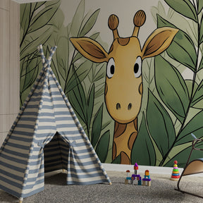 Safari giraffe wallpaper transforming children's bedroom with tropical jungle theme by Kids-Mundo