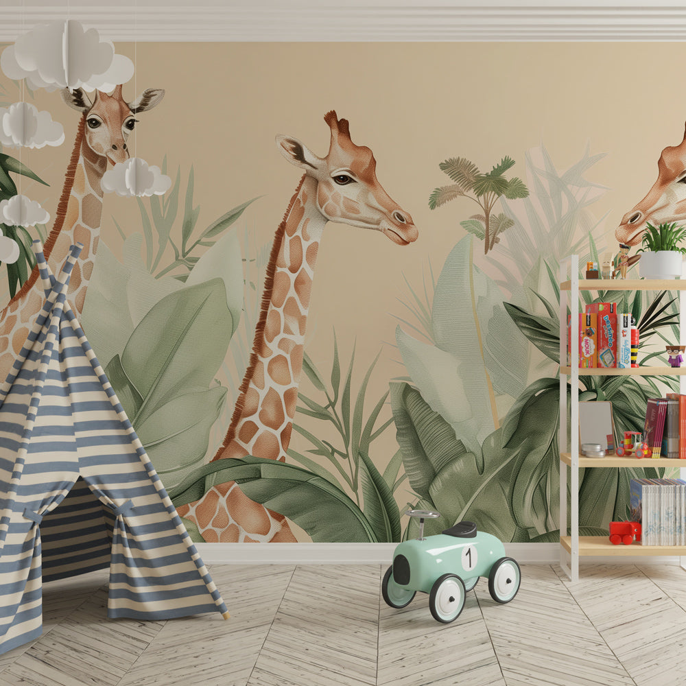 Tropical giraffe wallpaper creating serene safari atmosphere in children's bedroom decor