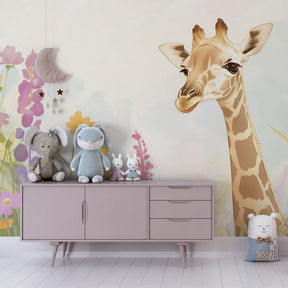 Safari giraffe wallpaper with colorful flowers decorating modern children's bedroom