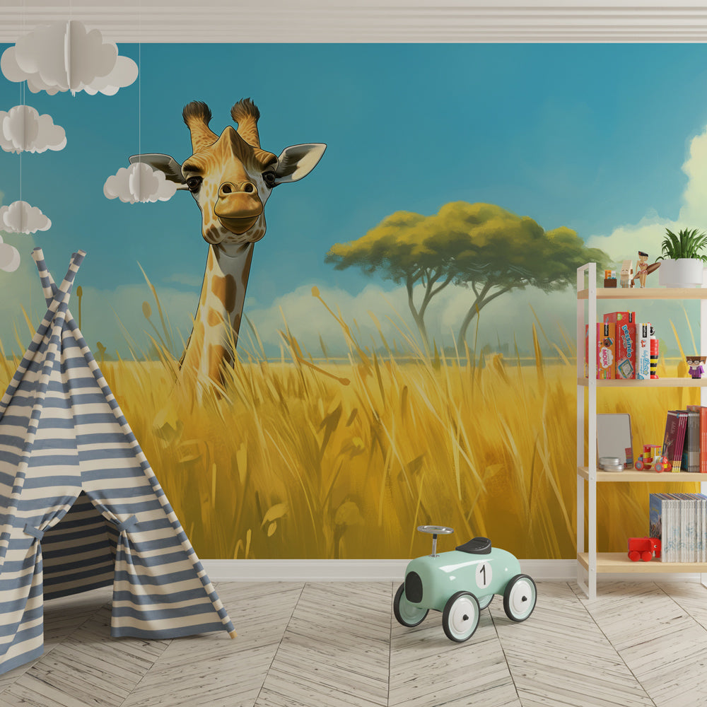 Happy giraffe wallpaper transforming children's bedroom into African safari adventure space