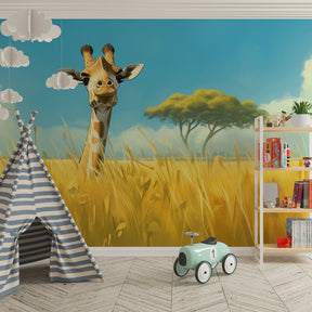 Happy giraffe wallpaper transforming children's bedroom into African safari adventure space