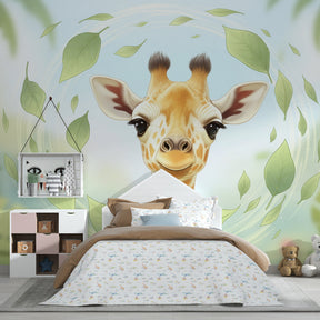 Giraffe safari wallpaper with tropical leaves decorating modern children's bedroom