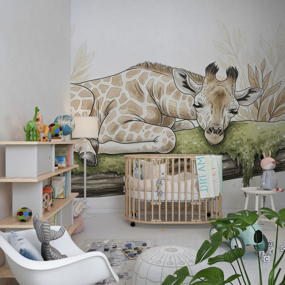 Gentle giraffe nature wallpaper for serene toddler room by Kids-Mundo