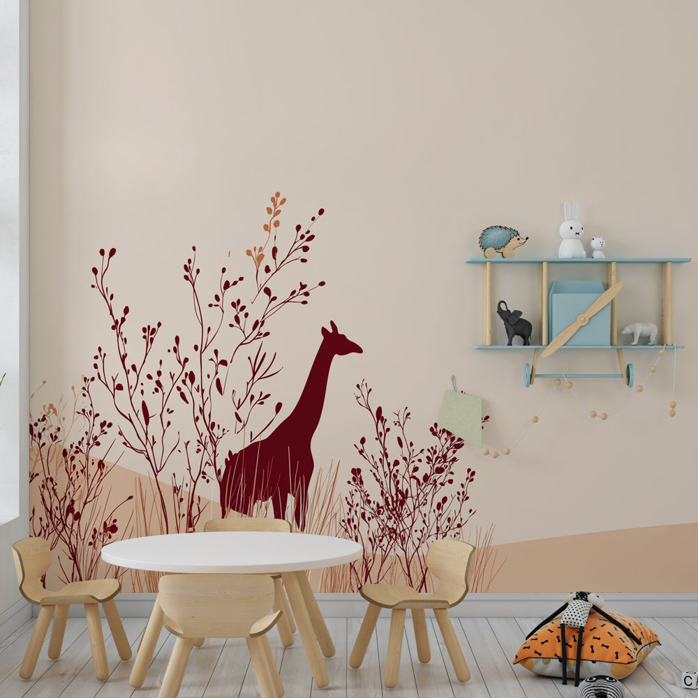 Sophisticated giraffe mural wallpaper for kids playroom with botanical elements by Kids-Mundo