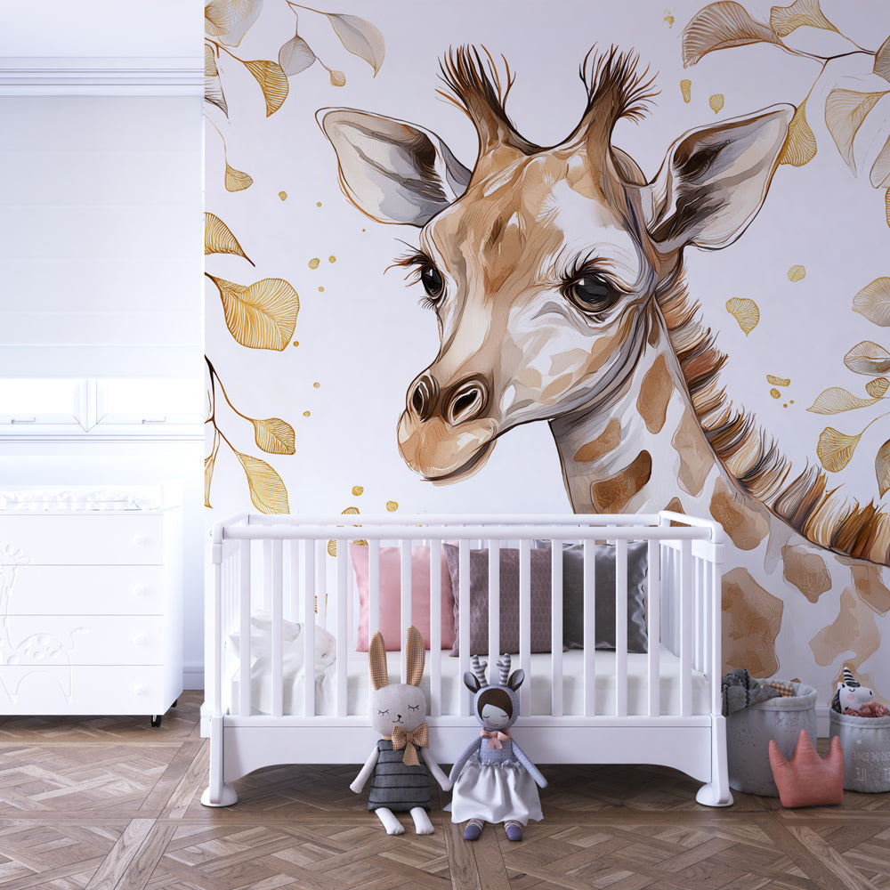 Animal themed mural wallpaper featuring adorable giraffe in cozy kids room setting