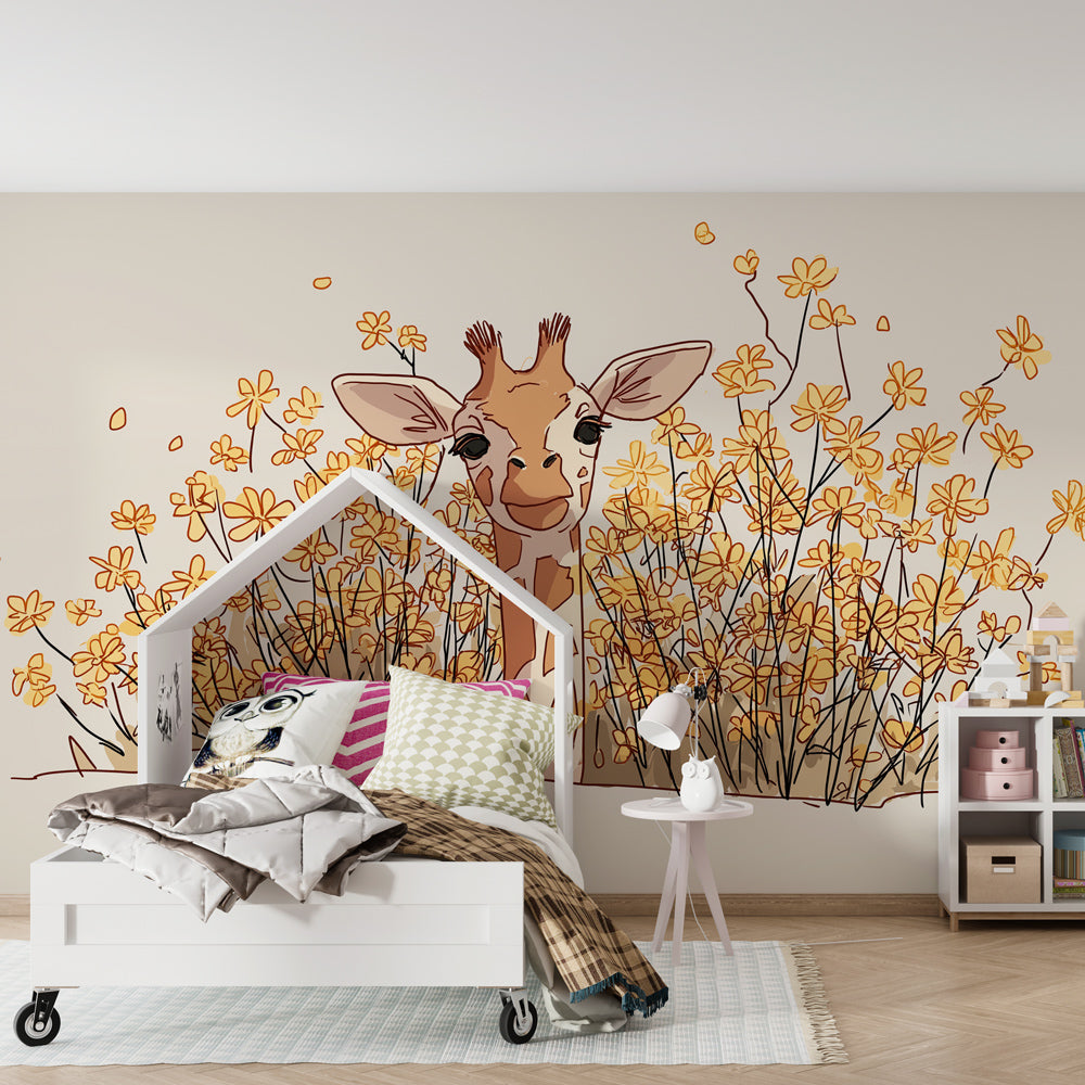 Animal themed mural wallpaper featuring friendly giraffe in colorful children's room setting