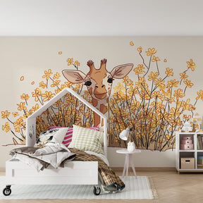 Animal themed mural wallpaper featuring friendly giraffe in colorful children's room setting
