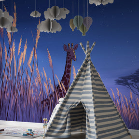Safari night mural wallpaper with giraffe creating calming kids room environment by Kids-Mundo
