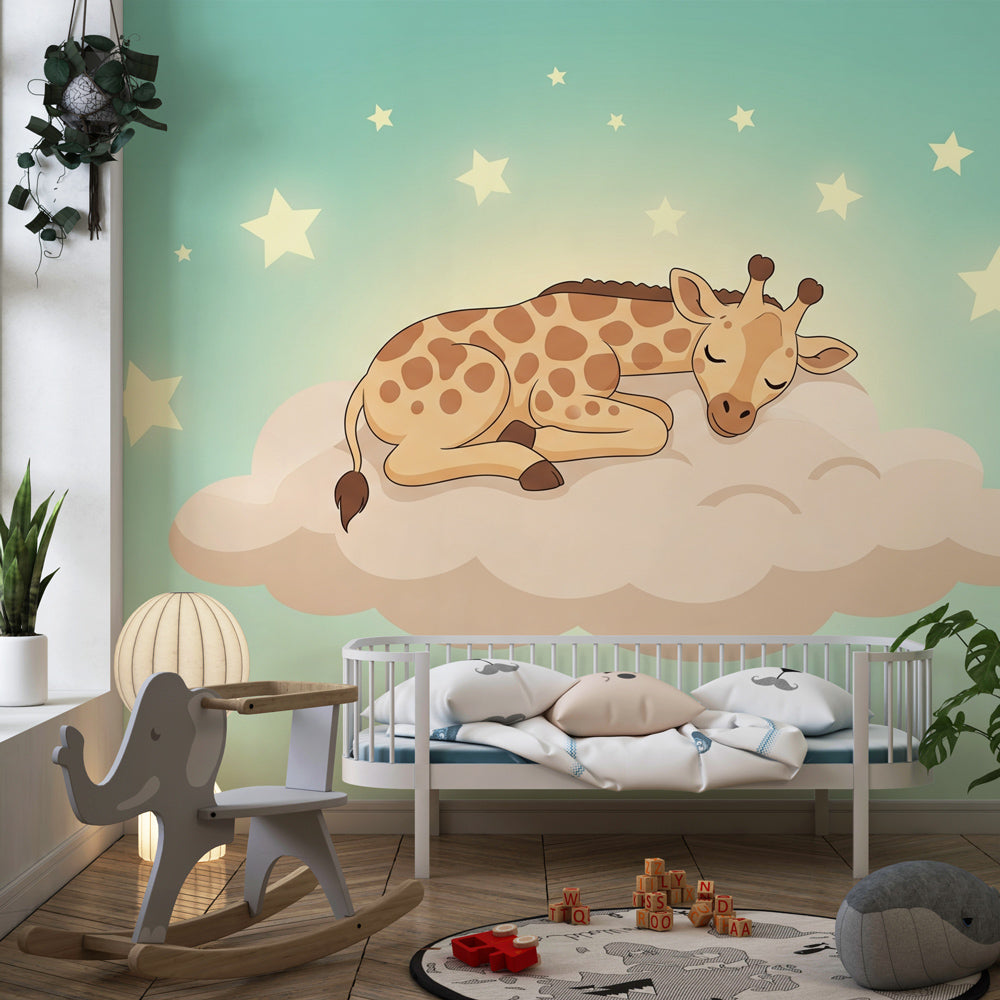 Gentle giraffe on cloud mural wallpaper transforming kids room into magical sleeping space