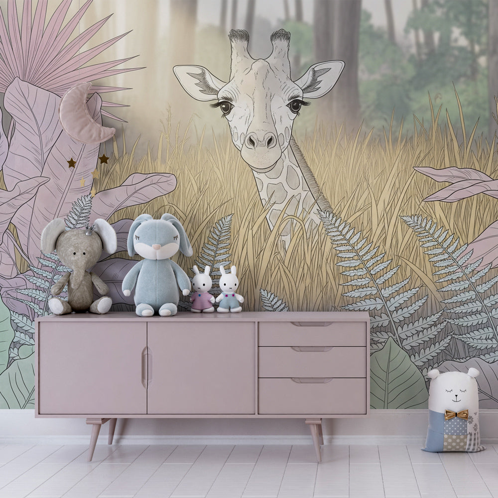 Safari animal mural wallpaper featuring gentle giraffe for children's playroom by Kids-Mundo