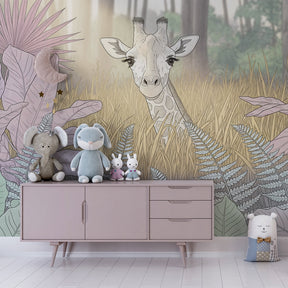 Safari animal mural wallpaper featuring gentle giraffe for children's playroom by Kids-Mundo