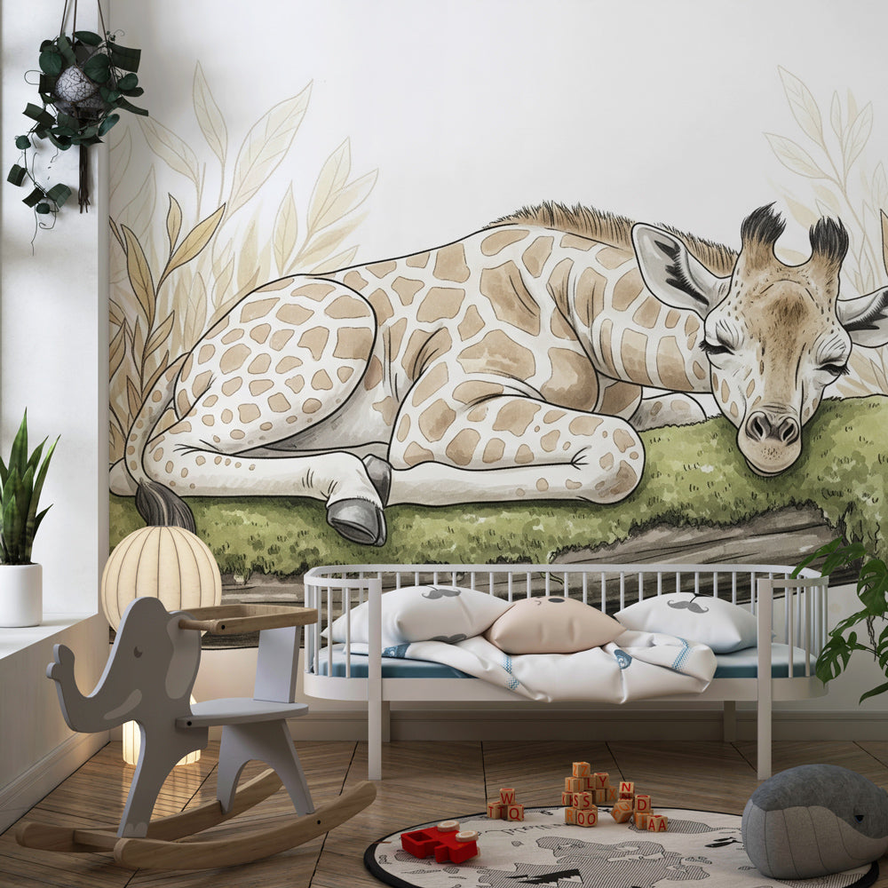 Safari giraffe wallpaper creating calm atmosphere in children's bedroom
