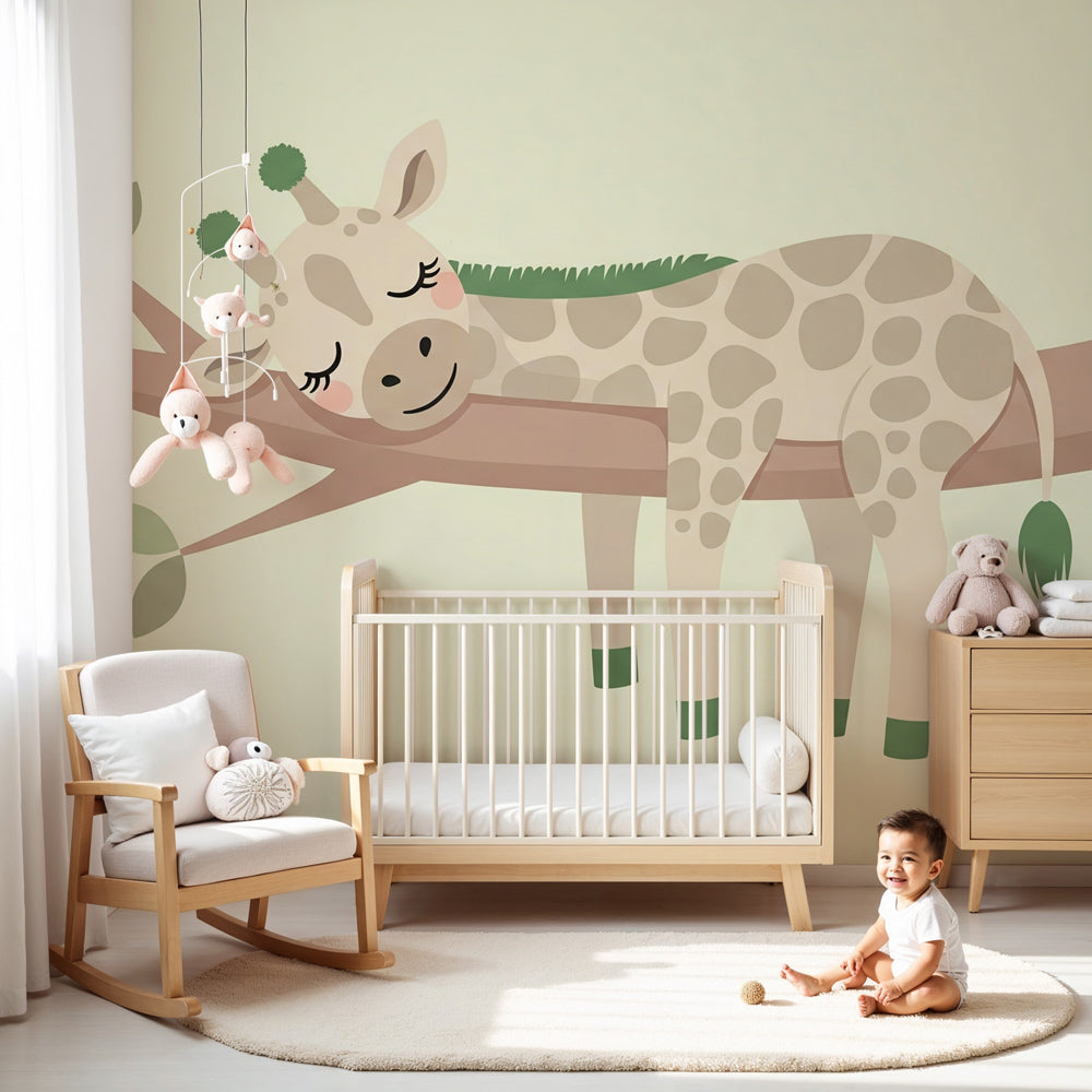 Peaceful sleeping giraffe mural wallpaper in modern nursery with natural wood furniture by Kids-Mundo
