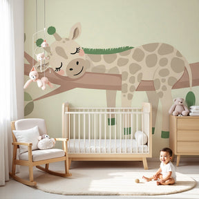 Peaceful sleeping giraffe mural wallpaper in modern nursery with natural wood furniture by Kids-Mundo