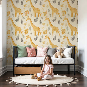 Giraffe botanical mural wallpaper creating adventure-themed nursery by Kids-Mundo