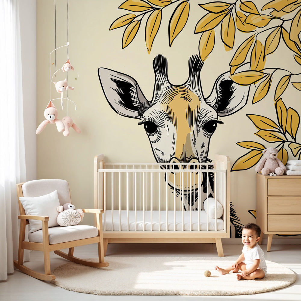 Curious giraffe mural wallpaper with golden foliage creating peaceful nursery atmosphere by Kids-Mundo