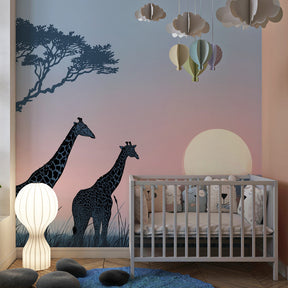 African safari mural wallpaper with giraffes for modern kids room by Kids-Mundo