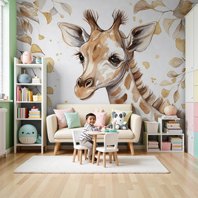 Gentle giraffe mural wallpaper with golden foliage in modern nursery room by Kids-Mundo