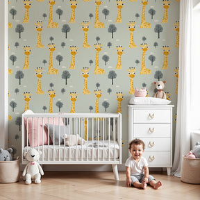 Giraffe mural wallpaper creating magical safari nursery decor with cheerful animals by Kids-Mundo