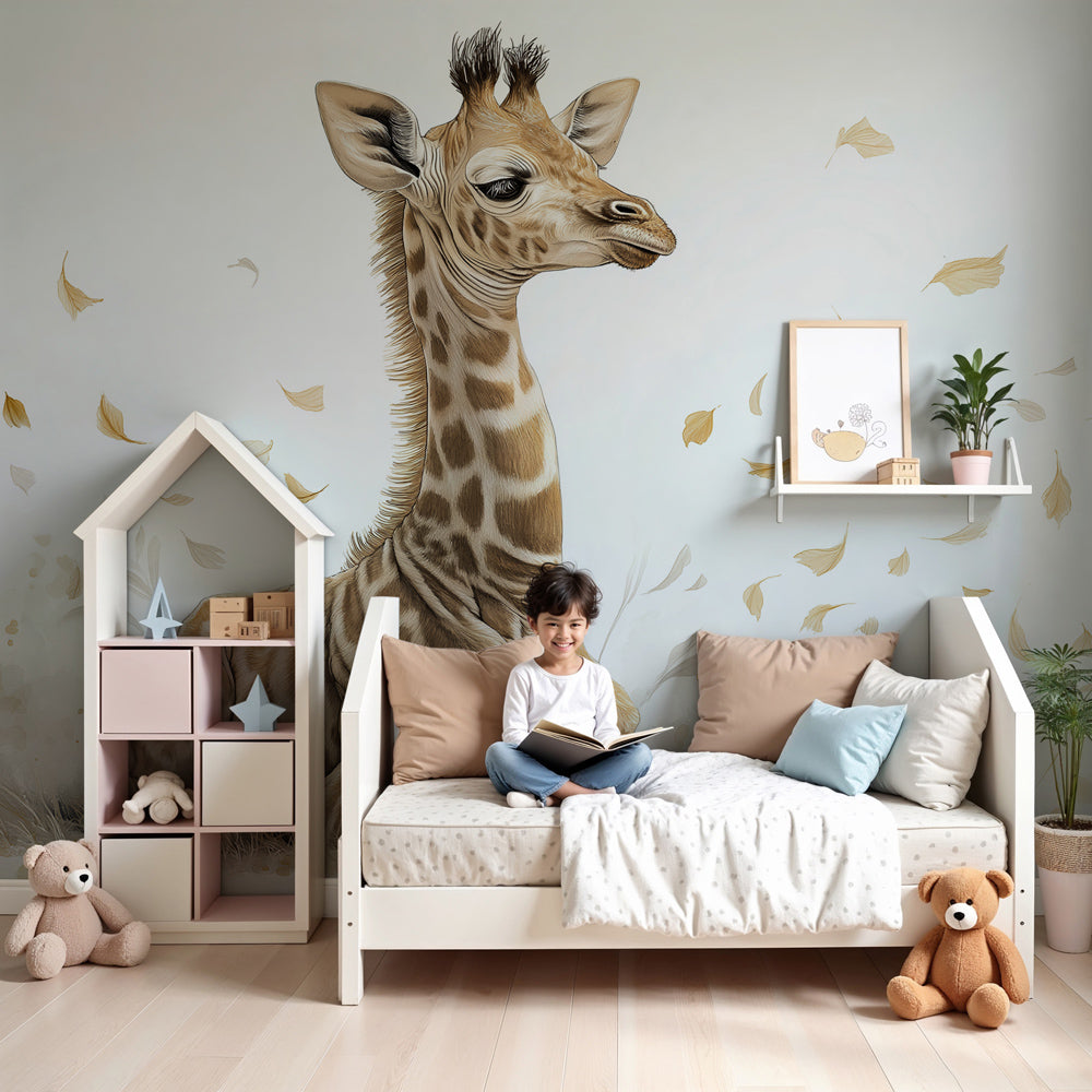 Giraffe mural wallpaper with golden leaves in peaceful nursery setting by Kids-Mundo