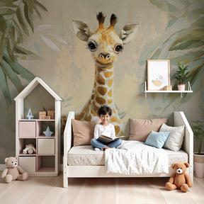 Sweet giraffe mural wallpaper in modern nursery with natural wood furniture by Kids-Mundo
