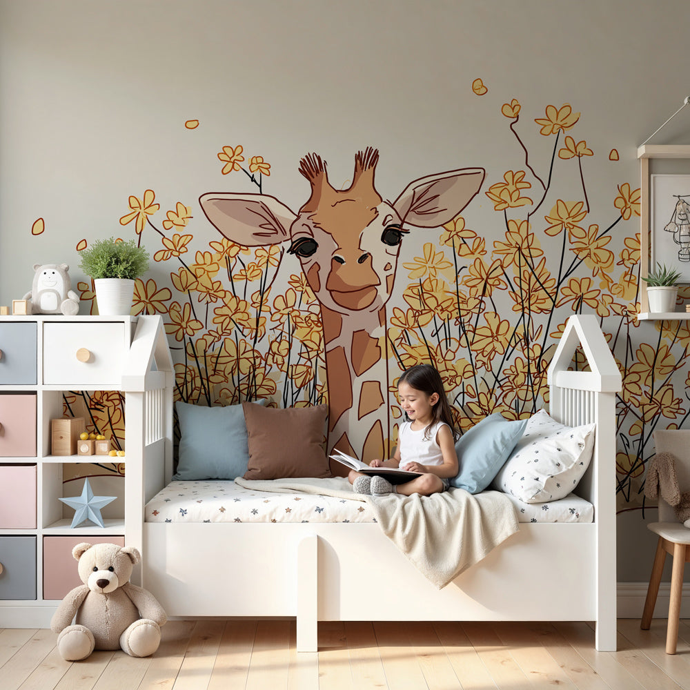 Giraffe mural wallpaper with yellow flowers in modern nursery room by Kids-Mundo