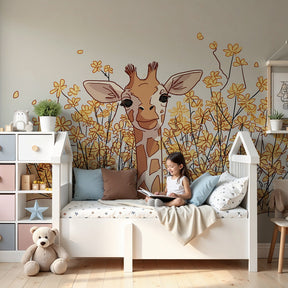 Giraffe mural wallpaper with yellow flowers in modern nursery room by Kids-Mundo