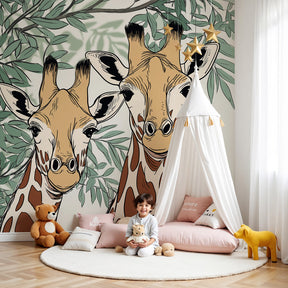 Giraffe mural wallpaper in modern nursery with wooden furniture by Kids-Mundo