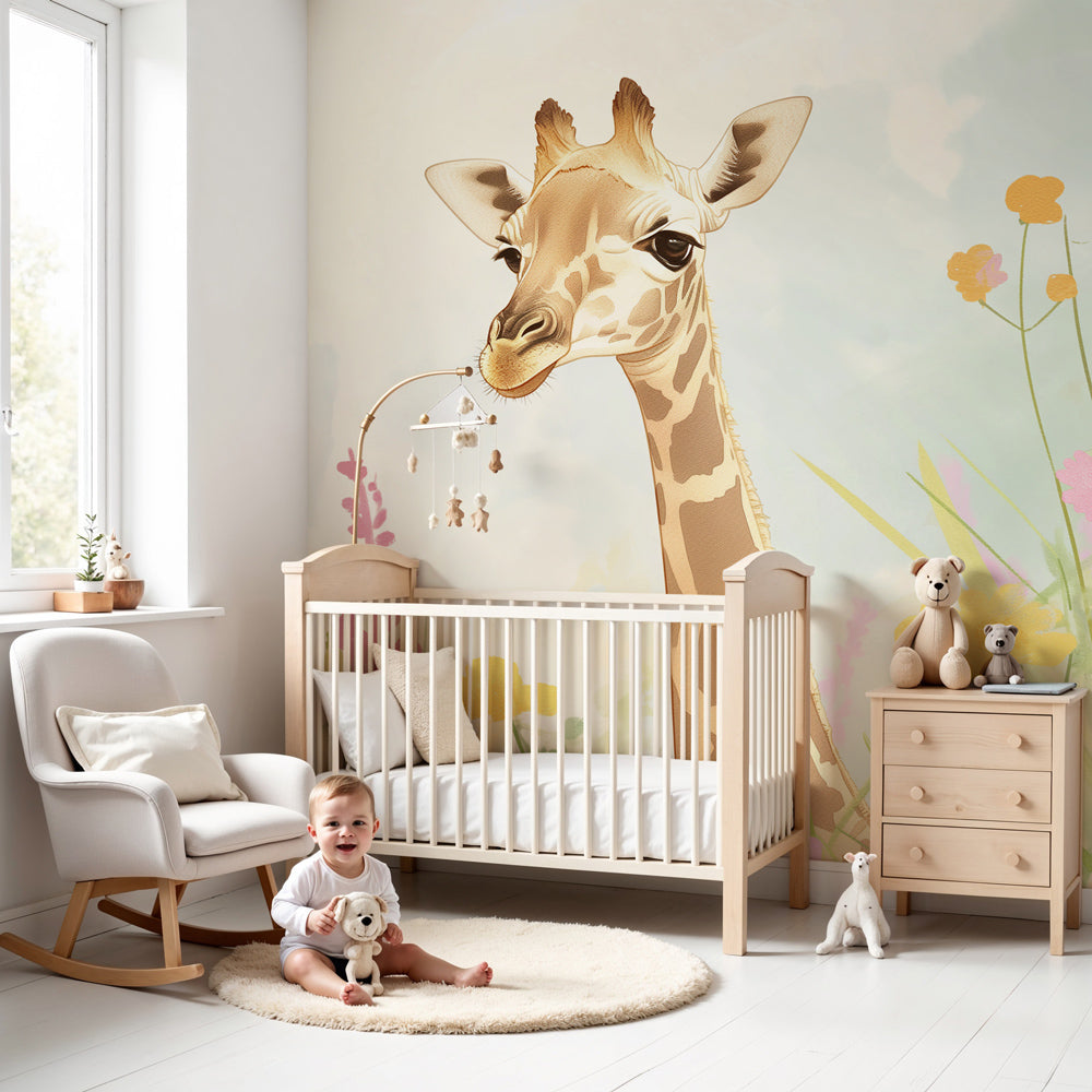 Giraffe floral mural wallpaper creating magical safari nursery decor by Kids-Mundo