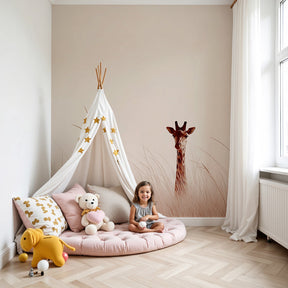Giraffe safari mural wallpaper in modern nursery room with natural wood furniture by Kids-Mundo