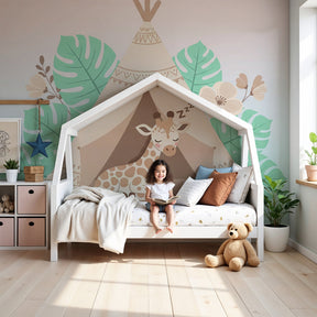 Sleeping giraffe safari mural wallpaper in peaceful nursery setting by Kids-Mundo