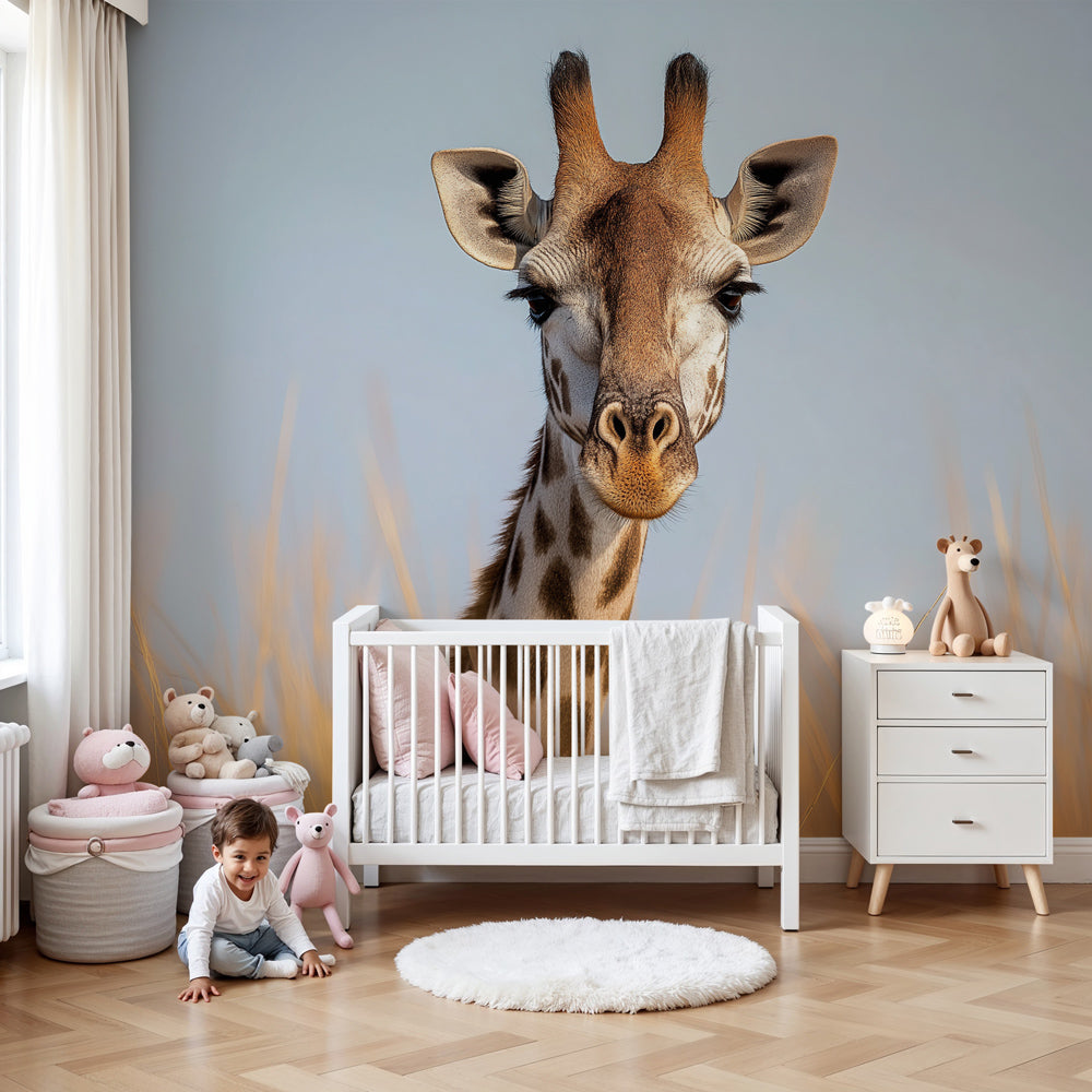 Giraffe mural wallpaper in modern nursery room with natural decor by Kids-Mundo