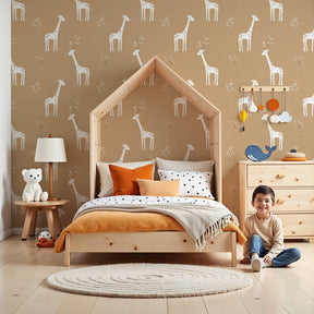 Gentle giraffe mural wallpaper creating peaceful nursery decor with beige safari theme by Kids-Mundo