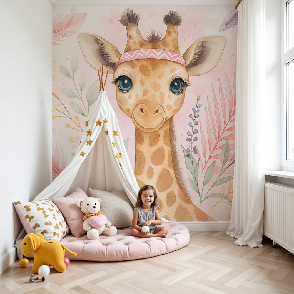 Gentle giraffe mural wallpaper creating peaceful safari nursery decor by Kids-Mundo
