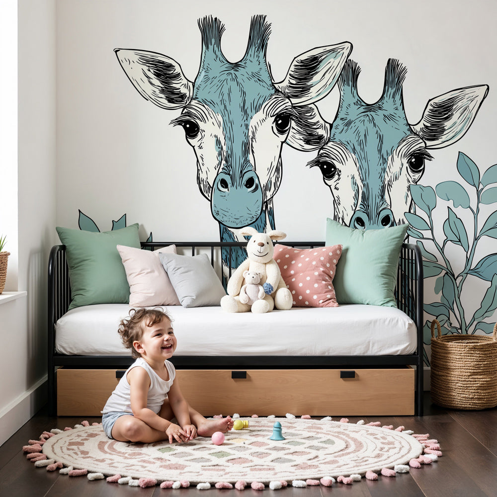 Charming giraffe mural wallpaper in modern nursery with soft blue-green safari theme by Kids-Mundo