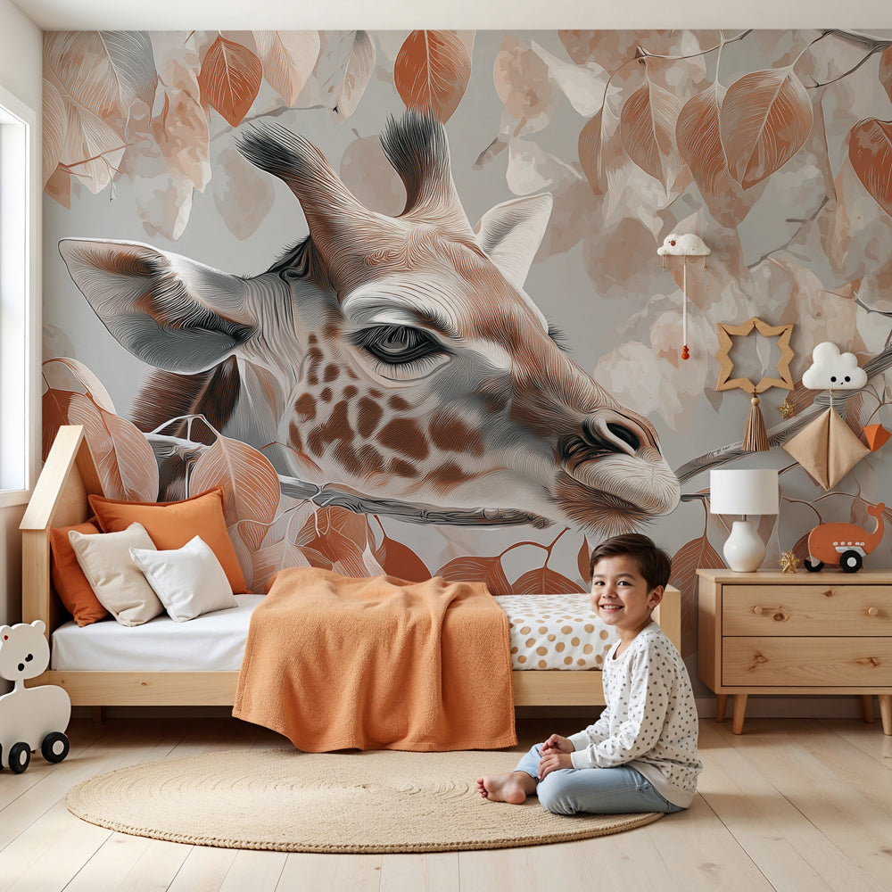 Elegant giraffe mural wallpaper creating safari-themed nursery decor with autumn leaves by Kids-Mundo