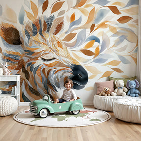 Peaceful giraffe mural wallpaper in modern nursery with natural wood furniture by Kids-Mundo