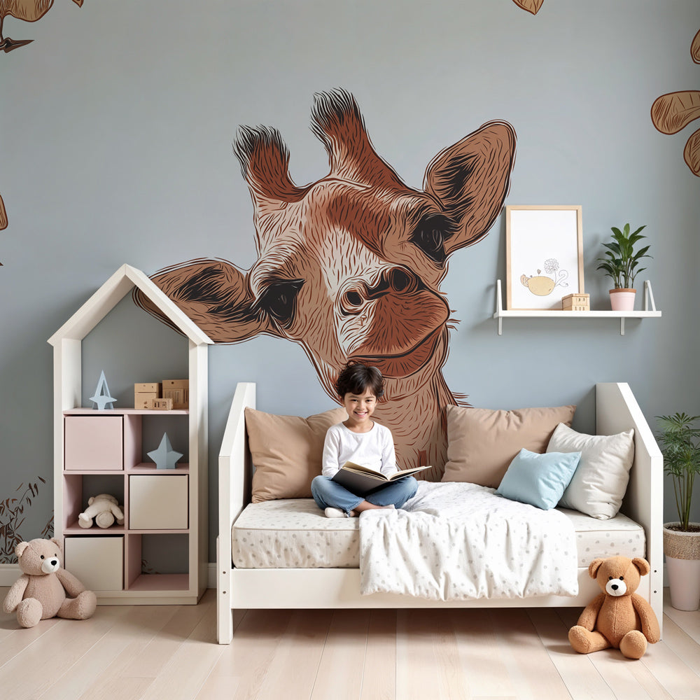 Giraffe mural wallpaper in modern nursery with natural wood crib by Kids-Mundo