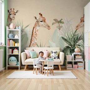 Giraffe mural wallpaper transforming modern nursery with tropical jungle safari theme by Kids-Mundo