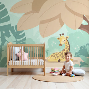 Peaceful giraffe mural wallpaper in modern nursery with natural wood furniture by Kids-Mundo